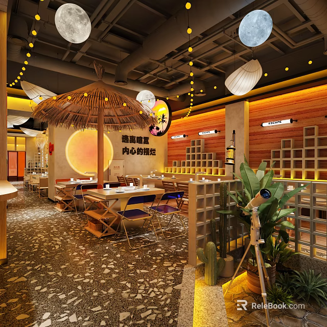 Japanese Style Restaurant Interior Featuring Straw Hat Umbrella Circular Decor Wooden Elements And Green Plants 3d model 