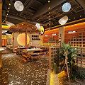 Japanese Style Restaurant Interior Featuring Straw Hat Umbrella Circular Decor Wooden Elements And Green Plants