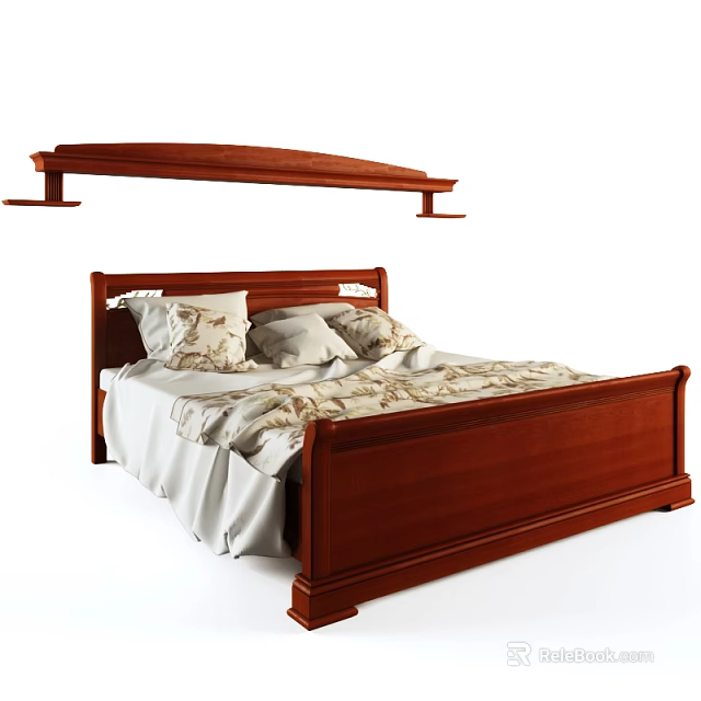 Elegant Classic Wooden Double Bed with Headboard and Patterned Bedspread Pillows 3d model