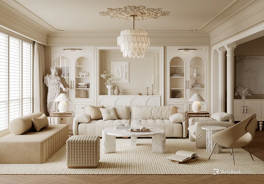 Elegant Modern Living Room Interior With Cozy Sofa Crystal Chandelier And Area Rug 3d model 