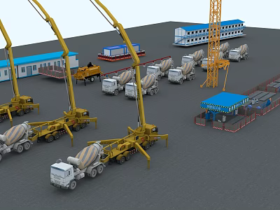 Industrial Equipment at Construction Site with Concrete Pump Trucks Mixers and Tower Crane 3d model