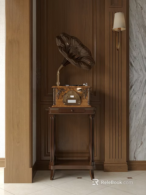 Vintage Brass Gramophone On Wooden Cabinet With Wooden Wall Paneling And Marble Accent 3d model 