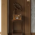 Vintage Brass Gramophone On Wooden Cabinet With Wooden Wall Paneling And Marble Accent