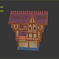 Cartoon Scene Featuring a Charming Fairy Tale Cottage with Green Sloped Roof and Wooden Frame
