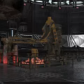 Industrial Factory Interior With Hanging Metal Barrels Chains Machinery And Platforms