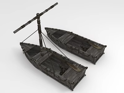 Two Traditional Wooden Boats With Oars And Crossbar Wooden Structure 3d model