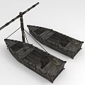 Two Traditional Wooden Boats With Oars And Crossbar Wooden Structure