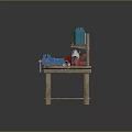 Rustic Wooden Workbench With Various Tools And Colored Containers On Top 3d model
