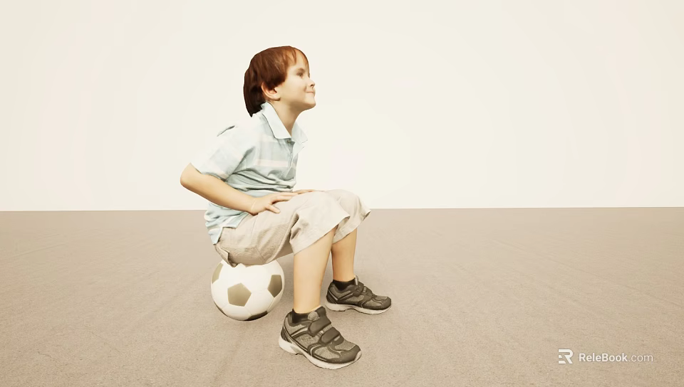 Young Boy Sitting On Soccer Ball In Light Colored Room With Striped Shirt And Sneakers 3d model 