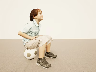 Young Boy Sitting On Soccer Ball In Light Colored Room With Striped Shirt And Sneakers 3d model