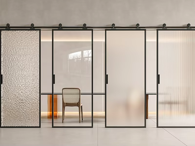 Modern Interior Sliding Doors with Black Frame Textured Frosted and Clear Glass for Room Partition 3d model