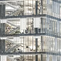 Modern High Rise Office Building With Glass Curtain Wall And Interior Office Workers