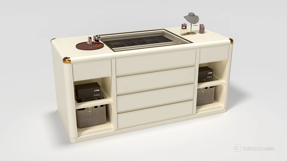 Modern White Island Cabinet With Drawers Open Shelves And Decorative Items 3d model 