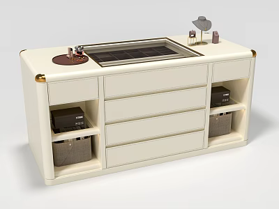 Modern White Island Cabinet With Drawers Open Shelves And Decorative Items 3d model