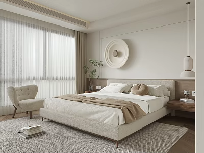 Minimalist Modern Bedroom With Large Bed Nightstand Accent Chair Round Wall Decor And Light Curtains 3d model