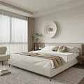 Minimalist Modern Bedroom With Large Bed Nightstand Accent Chair Round Wall Decor And Light Curtains