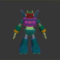 Green Metallic Robot Character With Orange Joint Rings And Red Chest Logo