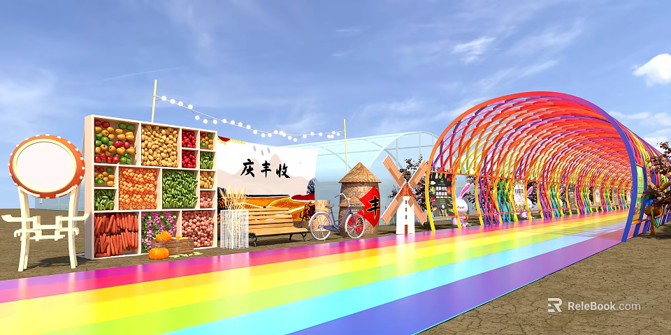 Colorful Arch Pergola With Fruit Vegetable Stalls Windmill Rainbow Path And String Lights 3d model