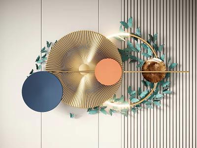 Modern Wall Decor With Golden Radial Circles Blue Orange Accents And Green Leaves 3d model