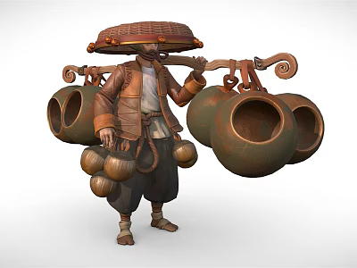 Traditional Character Wearing Bamboo Hat Carrying Clay Pots On Wooden Frame In Traditional Clothing 3d model