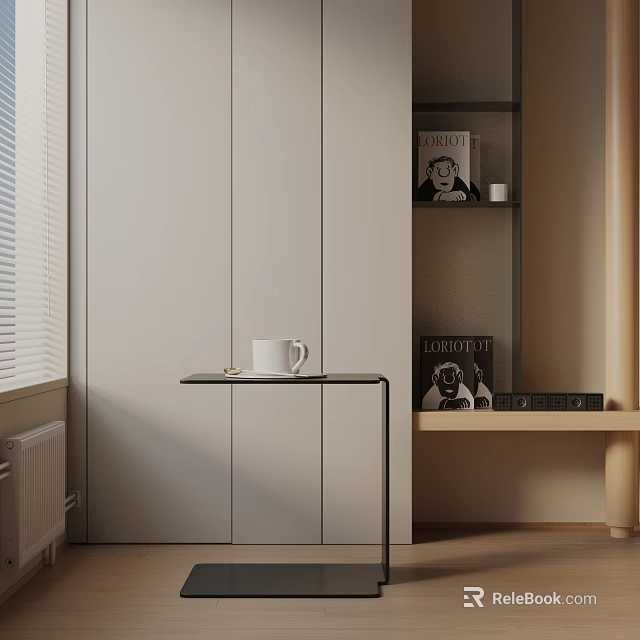 Modern Minimalist Side Table With Glass Top Metal Frame And Mug In Light Colored Interior 3d model 