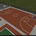 Basketball Court with Brown Surface White Lines and Two Hoops Surrounded by Green Grass Fence