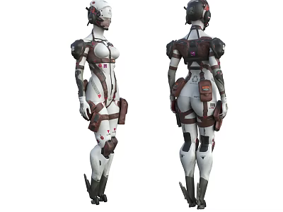 Smart Machine Humanoid Robot With White And Brown Armored Mechanical Design Front Back View 3d model