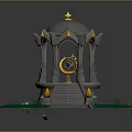 Gray Gazebo With Golden Top Decoration Green Grass White Flowers And Steps