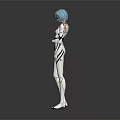 Anime Character With Blue Hair And White Bodysuit Standing With Colorful Accents On Gray Background