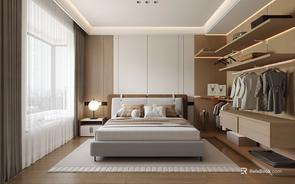 Modern Bedroom Interior With Large Bed Nightstand Table Lamp Open Closet And Wooden Floor 3d model 
