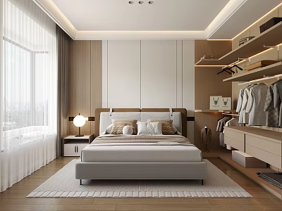 Modern Bedroom Interior With Large Bed Nightstand Table Lamp Open Closet And Wooden Floor 3d model