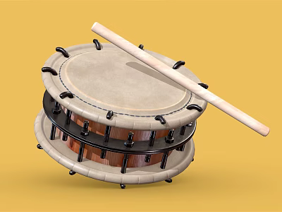 Classic Double Layered Drum With Leather Drumhead Wooden Drumstick And Yellow Background 3d model