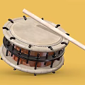 Classic Double Layered Drum With Leather Drumhead Wooden Drumstick And Yellow Background
