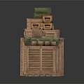 Daily Necessities Storage With Stacked Various Sizes Wooden Crates And Green Sacks