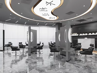 Modern Hair Salon Interior With Black Styling Chairs Mirrors Marble Floor And Round Ceiling 3d model