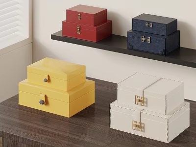 Colorful Decorative Ornament Set Featuring Red Blue Yellow White Stacked Boxes on Shelf and Table 3d model