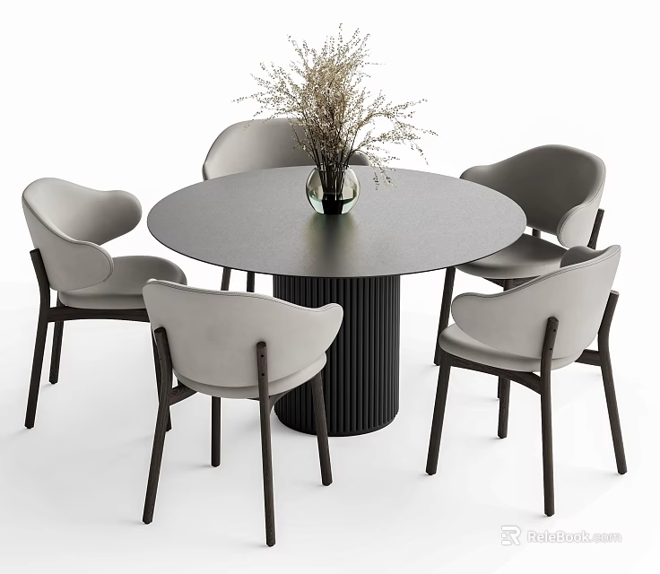 Modern Round Dining Table Set with Four Light Gray Chairs and Flower Vase 3d model
