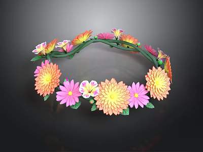 Colorful Flower Crown Adorned With Pink Yellow Orange Flowers And Green Leaves 3d model