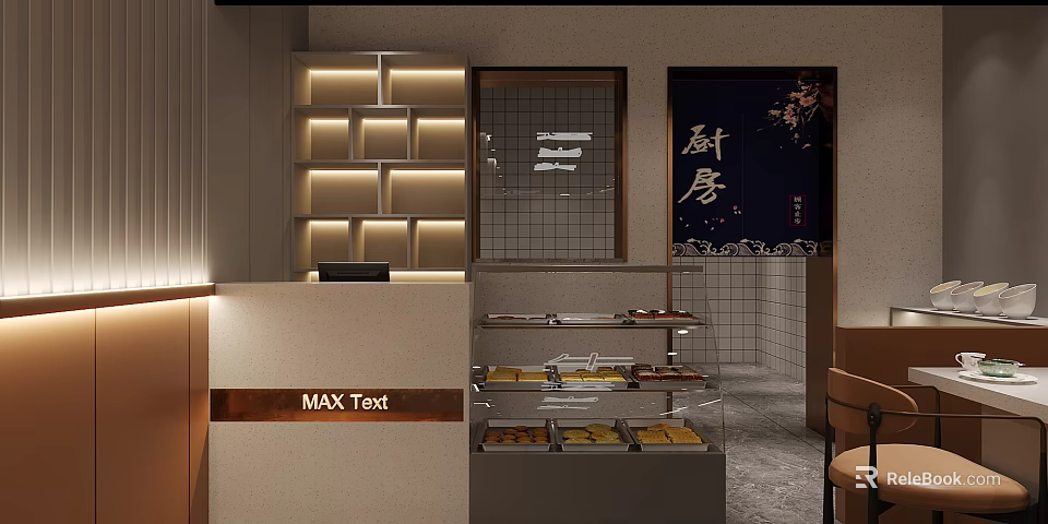 Warm Japanese Restaurant Interior With Pastry Display Case Lighting And Wooden Counter Seats 3d model 