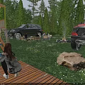 Garden Landscape With Lush Grass Wooden Deck Campfire Area Trees Rock And Parked Vehicles