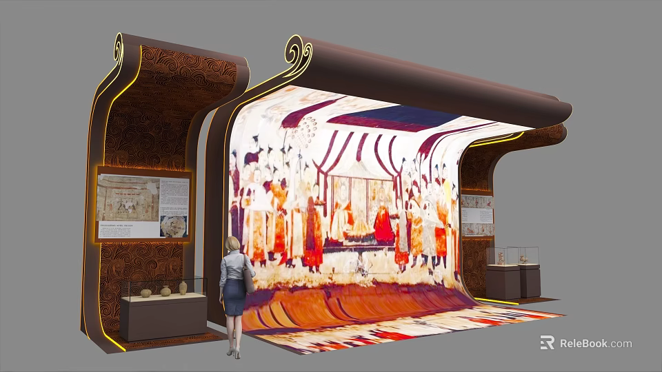 Exhibition Hall Culture Wall With Scroll Shaped Ancient Figures And Display Cabinets And Lighting Decoration 3d model 