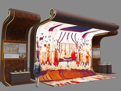 Exhibition Hall Culture Wall With Scroll Shaped Ancient Figures And Display Cabinets And Lighting Decoration 3d model