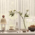 Minimalist Decorative Ornament Set With White Flowers Table Lamp Books Walnut Bowl On Window Sill