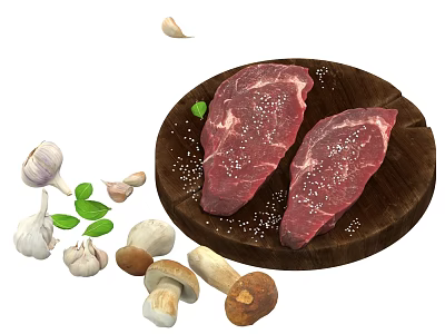 Fresh Raw Steak On Wooden Platter With Garlic Mushrooms Herbs And Salt 3d model