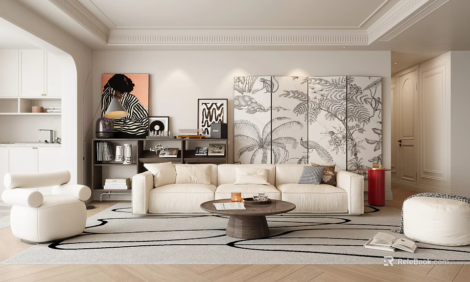 Modern Living Room Interior With Beige Sofa Coffee Table And Palm Tree Pattern Panels 3d model