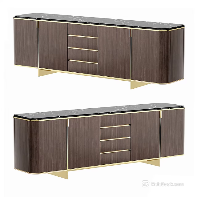 Elegant Modern Wooden TV Stand With Gold Metal Accents Black Countertop And Drawers 3d model 