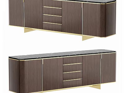 Elegant Modern Wooden TV Stand With Gold Metal Accents Black Countertop And Drawers 3d model