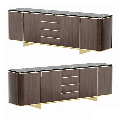 Elegant Modern Wooden TV Stand With Gold Metal Accents Black Countertop And Drawers 3d model