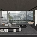 Modern Living Room Interior With Wooden Ceiling Large Windows Mountain View Sofa Fireplace And TV