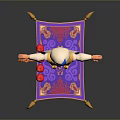 Animated 3D Character In White Outfit Blue Cape Feather Hat And Sword On Purple Carpet